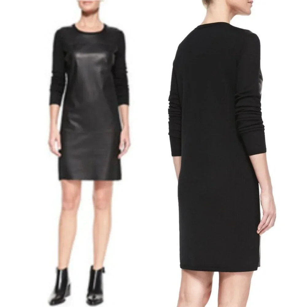 Vince Black Leather Paneled Long Sleeve Wool Shift Dress 33217